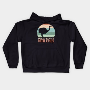 emu with a retro sunset background and the quote "Life is better with emus" Best emu lovers gift Kids Hoodie